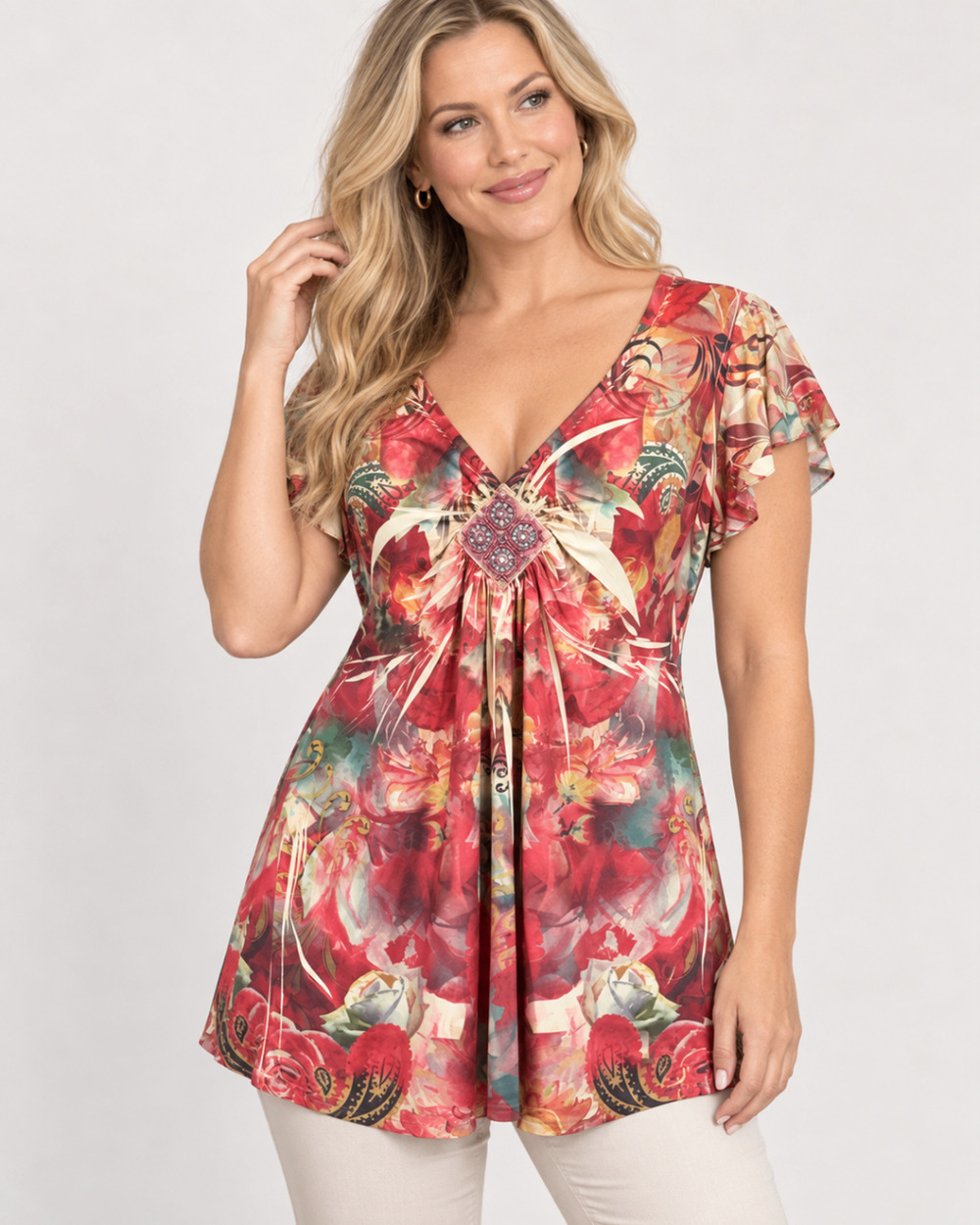 OneWorld Womens Large Red Floral Boho Blouse Embellished V Neck Stretch Top NWT